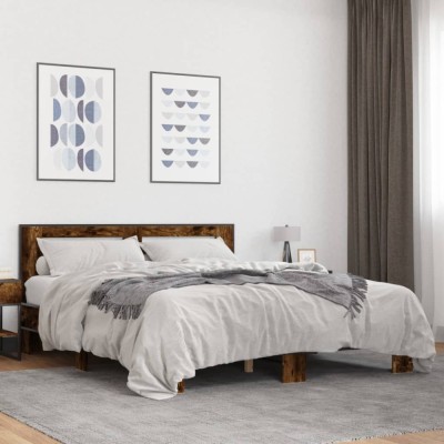vidaXL Cadru de pat, stejar fumuriu 150x200 cm lemn prelucrat și metal 3280099 foto