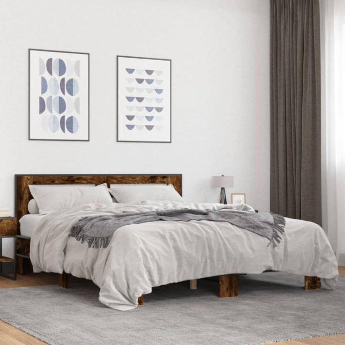 vidaXL Cadru de pat, stejar fumuriu 150x200 cm lemn prelucrat și metal 3280099