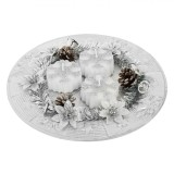 Platou Decorativ Crăciun, 3 Lum&acirc;nări Argintii, Fulg, Diametru 24cm, Oem