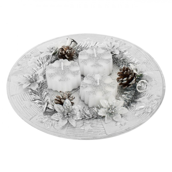 Platou Decorativ Crăciun, 3 Lum&acirc;nări Argintii, Fulg, Diametru 24cm