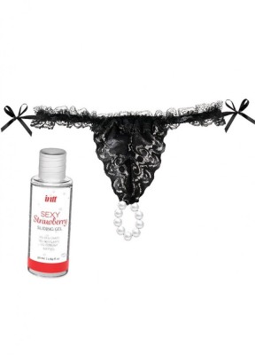 Tanga de dama negru cu perle si lubrifiant de capsuni, Innt# foto