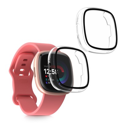 Set 2 Huse Kwmobile cu sticla securizata pentru Fitbit Versa 4/Sense 2, Transparent, Plastic, KWM000024UJ001C foto