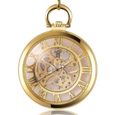 Ceas de buzunar Gorben PM678 Auriu - Skeleton, Steampunk, Mecanic, Afisaj cu Cifre Romane, Cu Lant Vintage Retro
