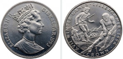Gibraltar 1993 - 1 crown, Lillehammer, schi, UNC foto