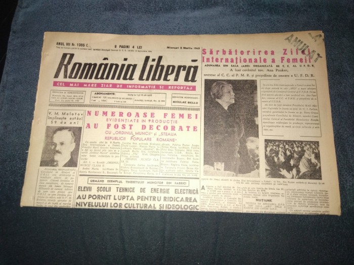 ZIARUL ROMANIA LIBERA 9 MARTIE 1949 ZIUA FEMEII ANA PAUKER