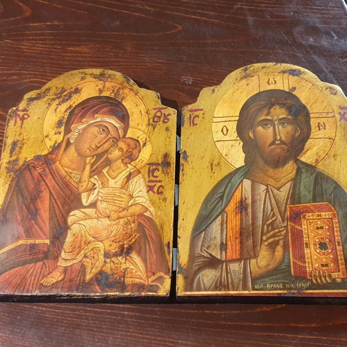 Icoana din lemn ortodoxa diptice pictata semnată 1908