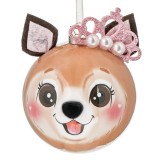 Ornament Brad de Craciun Glob 3D C&acirc;ine cu Coroană Roz Glitter, CMCLASS
