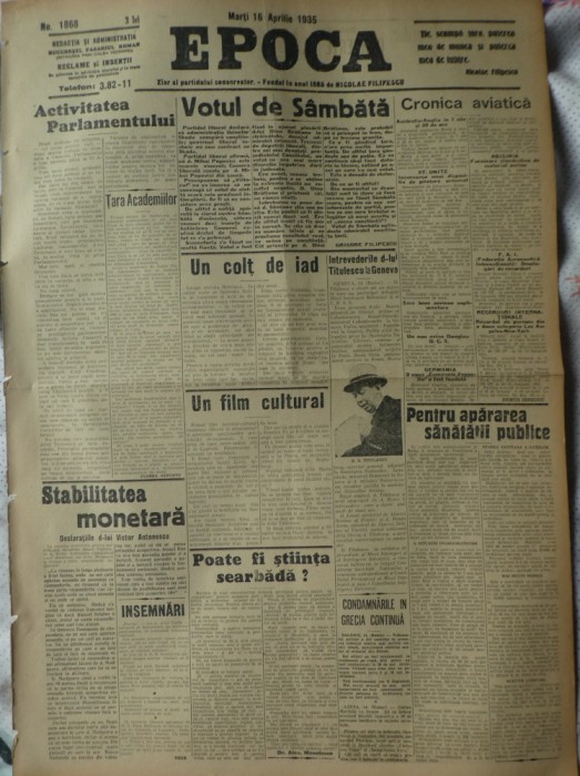 Epoca , ziar al Partidului Conservator , nr. 1868 , 1935 , Grigore Filipescu