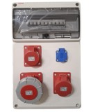Tablou electric de distributie echipat cu 3 prize, 5 poli 16A(1 buc), 5 poli 32A (1 buc), 5 poli 63A ( 1 buc) si o priza monofazica schuko si sigurant