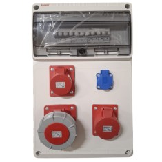 Tablou electric de distributie echipat cu 3 prize, 5 poli 16A(1 buc), 5 poli 32A (1 buc), 5 poli 63A ( 1 buc) si o priza monofazica schuko si sigurant