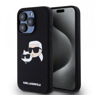 Husa MagSafe pentru Apple iPhone 15 Pro, Karl Lagerfeld, Silicone Karl &amp;amp; Choupette&amp;#039;s Heads, Neagra foto