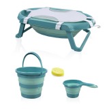 Set cadita pliabila baie BabyJem turcoaz 5 piese, ergonomica, pentru nou-nascuti, include recipient clatire, galetusa, burete, hamac