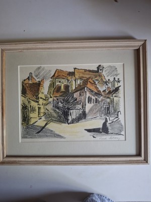 Fred Micos (1907 Cernauti&amp;ndash;1995 Bucuresti),Peisaj din Sibiu,litografie originala foto