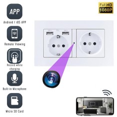 Camera Spion WiFi, TSS-EUC2 Ascunsa in Priza Dubla, Full HD, 5MP, Inregistrare Audio-Video, Detectia Miscarii, cu Aplicatie Mobila, Alba