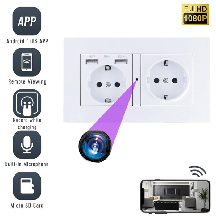 Camera Spion WiFi, TSS-EUC2 Ascunsa in Priza Dubla, Full HD, 5MP, Inregistrare Audio-Video, Detectia Miscarii, cu Aplicatie Mobila, Alba