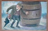 Carte postala, circulata, desen barbat turmentat langa un butoi, 1928