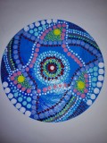Mandala rotunda albastra albastru pictat manual acrylic pictura in puncte decor perete pe disc vinil 7&rdquo;