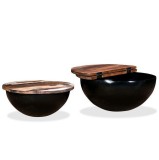 Set măsuțe cafea 2 piese, lemn masiv reciclat, negru, formă bol, vidaXL