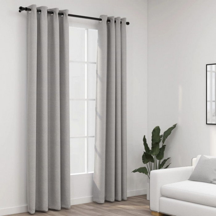 vidaXL Perdele opace, aspect p&acirc;nză, cu ocheți, 2 buc., gri, 140x225 cm