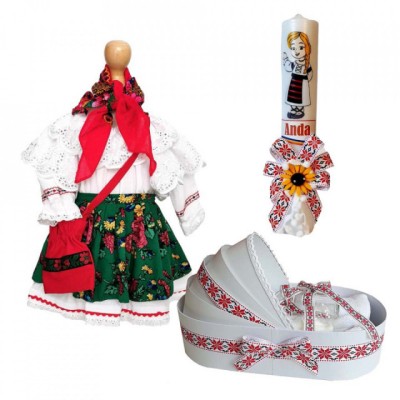 Set traditional botez fetita, trusou si lumanare personalizata, decor motive foto