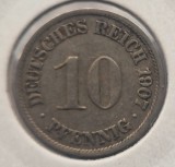 Germania 10 pfennig 1907 A moneda din nichel km # 4 tiraj mic