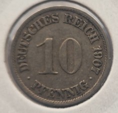 Germania 10 pfennig 1907 A moneda din nichel km # 4 tiraj mic