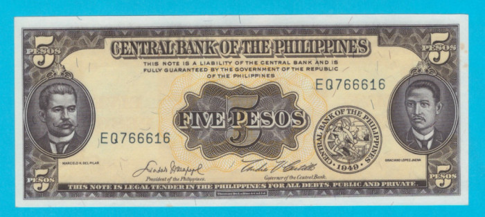 Filipine 5 Pesos 1949 &#039;Seria englezeasca&#039; aUNC serie: EQ766616