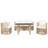 Set mobilier de grădină din PE‑rattan, 5 piese, canapea 3 locuri, 2 fotolii și masă cu blat din sticlă, Bej+Negru+Alb