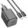 Incarcator Retea Cu Cablu Lightning HOCO N41, 20W, 3A, 1 x USB-A - 1 x USB-C, Negru, Apple