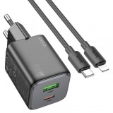 Incarcator Retea Cu Cablu Lightning HOCO N41, 20W, 3A, 1 x USB-A - 1 x USB-C, Negru, Apple