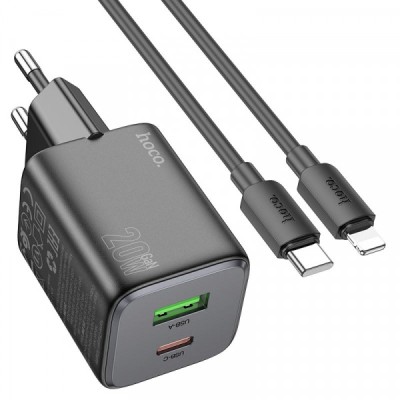 Incarcator Retea Cu Cablu Lightning HOCO N41, 20W, 3A, 1 x USB-A - 1 x USB-C, Negru foto