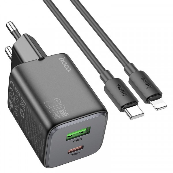 Incarcator Retea Cu Cablu Lightning HOCO N41, 20W, 3A, 1 x USB-A - 1 x USB-C, Negru