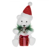 Figurina Decorativă Crăciun, Ursuleț Spumă, Glitere Argintii, Căciulă Roșie, 27cm, Oem