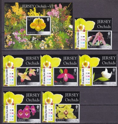 Jersey 2008 flori orhidee MI 1350-1355 + bl. 68 MNH foto