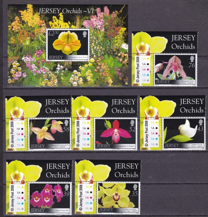 Jersey 2008 flori orhidee MI 1350-1355 + bl. 68 MNH
