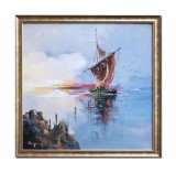 Cumpara ieftin Tablou impasto peisaj marin cu velier pictat manual inramat, 65x65cm ulei pe panza, rama din lemn, Geo Ungureanu