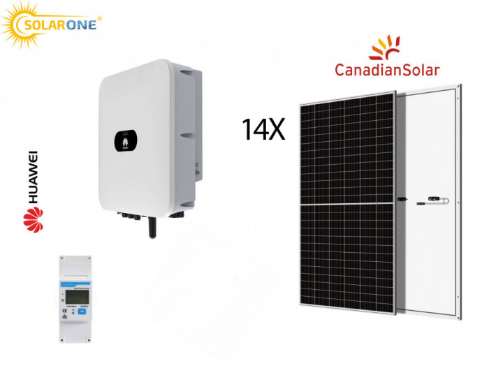 Kit sistem fotovoltaic 6 kW hibrid monofazat, invertor Huawei si 14 panouri Canadian Solar 440 W BIFACIAL