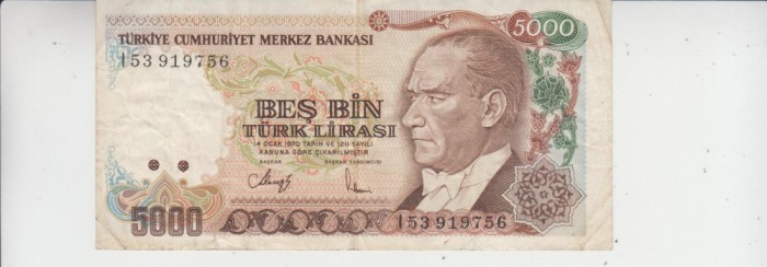 B11 8 - Bancnota foarte veche - Turcia - 5 000 lire