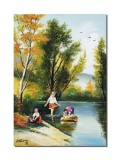 Cumpara ieftin Tablou cu fete la parau pictat manual, Voie buna, 70x50cm ulei pe panza, Constantin Feraru