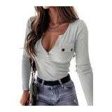 Tricou casual cu fermoar, m&acirc;neci lungi, din material elastic cu dungi, pentru femei &ndash; Gri L