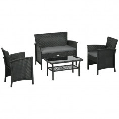 Set mobilier gradina/terasa, imitatie ratan, blat sticla, negru, 1 masa, 2 scaune, 1 canapea, Avena GartenVIP DiyLine