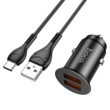 Incarcator Auto cu cablu USB Tip-C HOCO NZ1 Developer, 1m, Quick Charge, 36W, 2 X USB, Negru