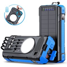 Baterie externă solară 40000mAh Linomag&reg;, 4 porturi USB, 4 cabluri integrate, 4 metode de incarcare, Lanternă LED, Busolă și Termometru, Albastru