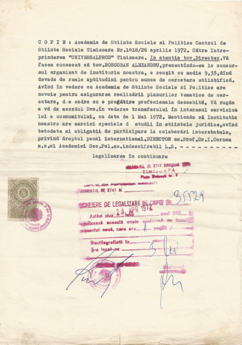 *Rom&acirc;nia, copie legalizată adresă Universalprod, Timişoara, 1972