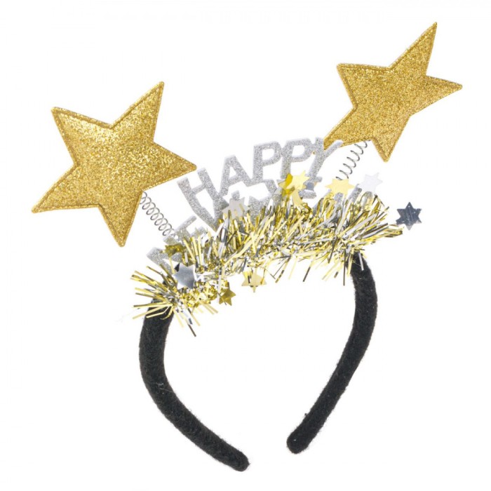 Coroniță Păr, Model Fără Brand, Stele Aurii, Mesaj &quot;Happy New Year&quot;, Negru