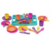 Set accesorii bucatarie de jucarie cu tacamuri, farfurioare, cescute si tavita 27 piese