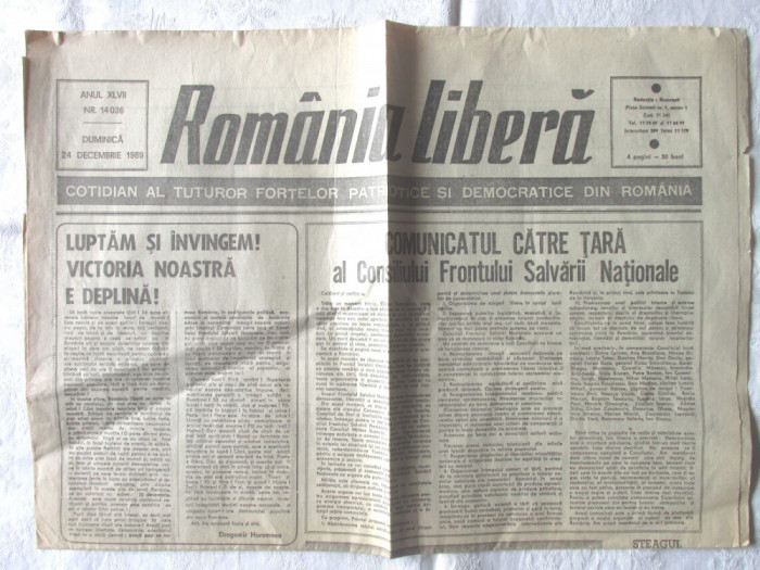 Ziar ROMANIA LIBERA din 24 decembrie 1989 - Revolutia Romana