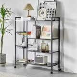 Cumpara ieftin Raft metalic cu 4 polite si 3 cosuri pentru depozitare, portabil, dimensiuni 90 (L) x 32 (l) x 108 (H) cm, negru