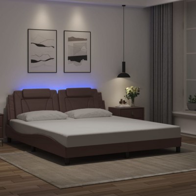 vidaXL Cadru de pat cu lumini LED, maro, 180x200 cm, piele ecologică 3214038 foto