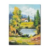 Tablou peisaj din natura pictat manual, Oaza de liniste, 45x35cm ulei pe panza